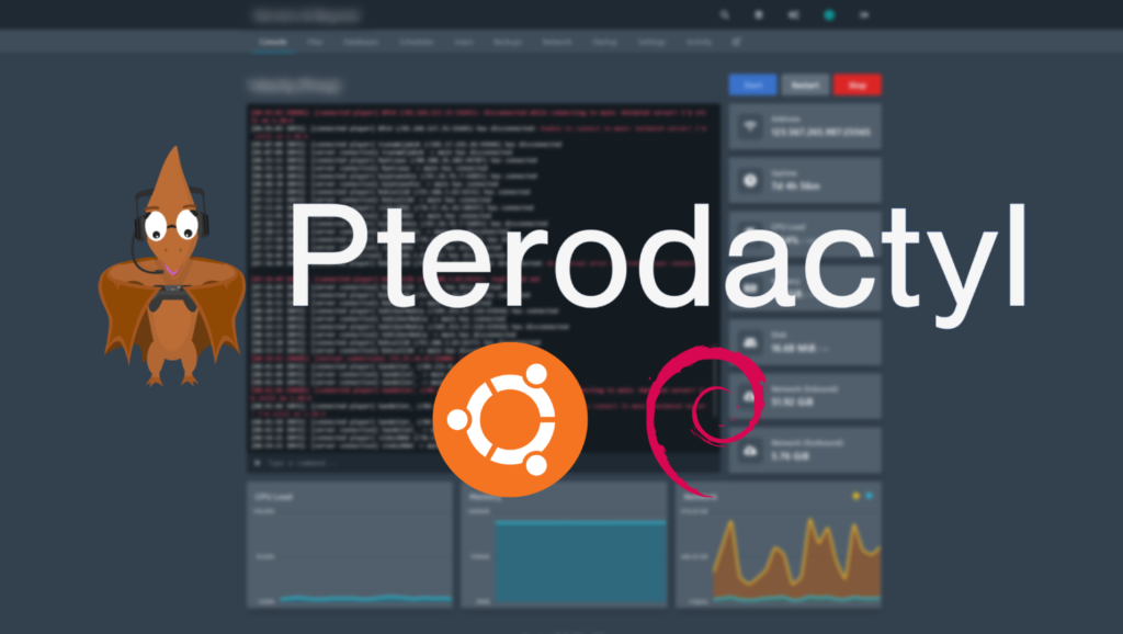 Image showing a logo of pterodactyl panel with it's interface shown in the background. There are also Debian and Ubuntu logos underneath the panel's logo